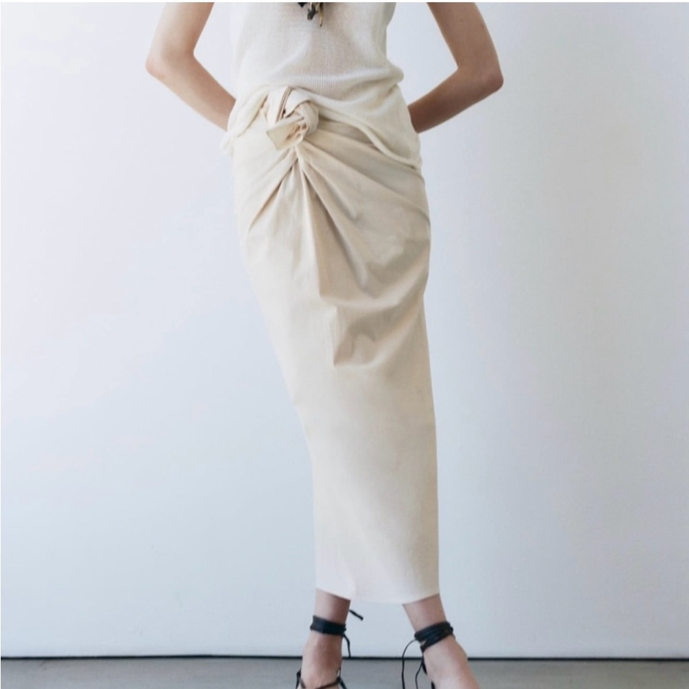 Zara Cream Midi Pencil Skirt Cotton Knotted Rosette Cotton Oyster Size Large